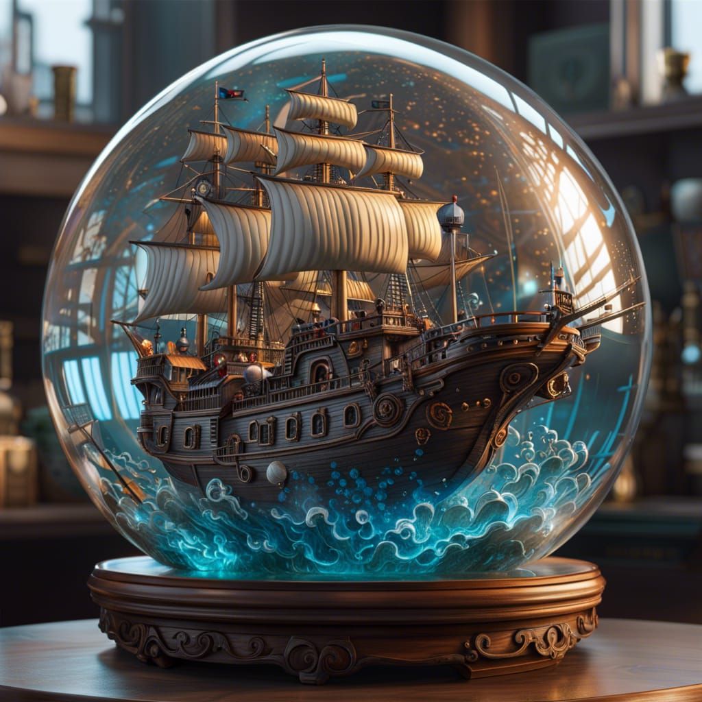Pirate Ship in Glass Sphere, Detailed Digital Art
