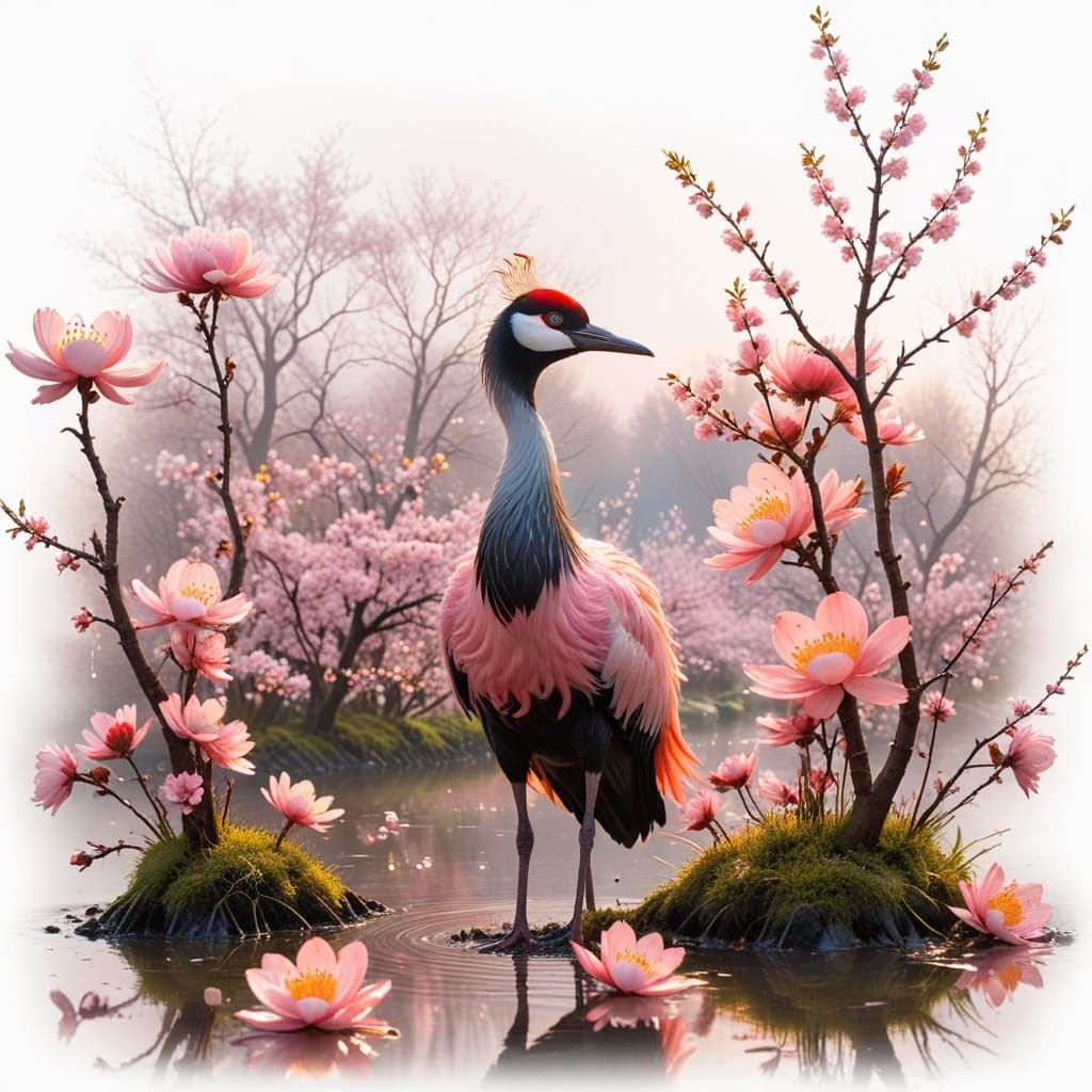 Cherry Blossom Grove at Golden Dawn with Crane