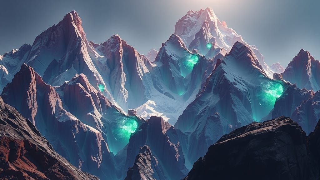 Ethereal Amethyst and Emerald Mountain Range in Vibrant HDR