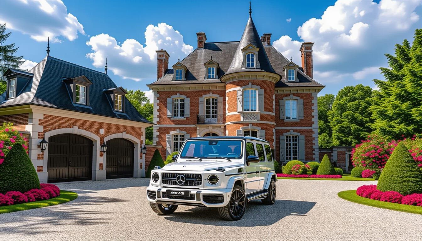 Grand Chateau with Mercedes and Vibrant Garden