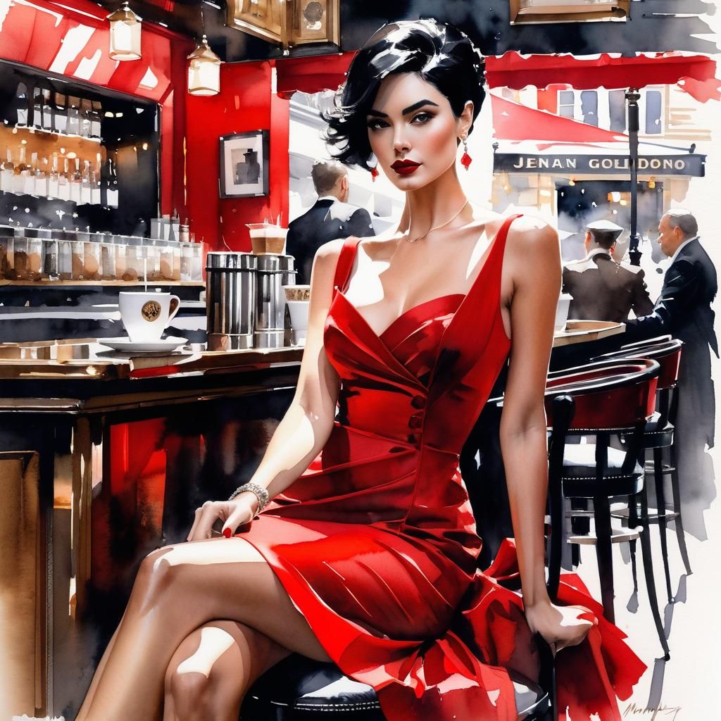 English Girl in Red Dress, Watercolor Portrait