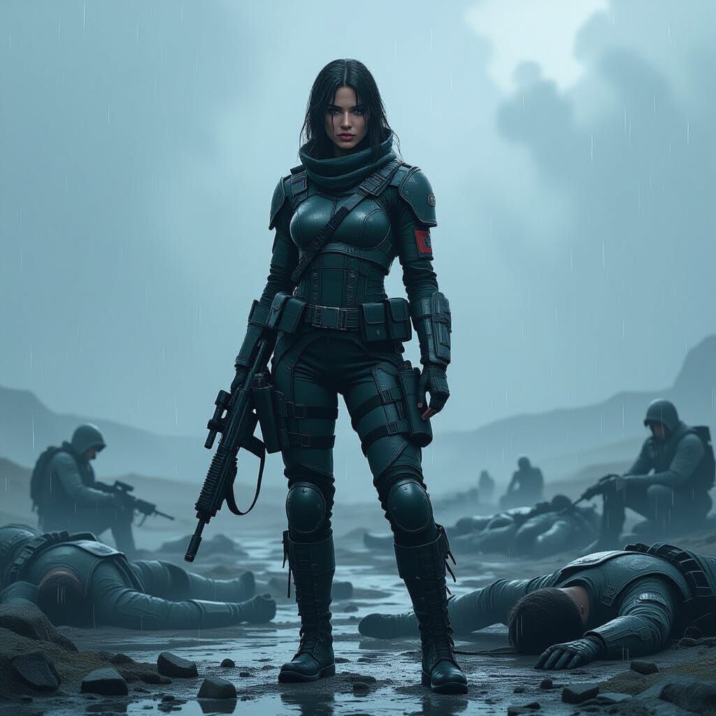 Female Soldier Stands Defiant Amidst Fallen Comrades in Rain