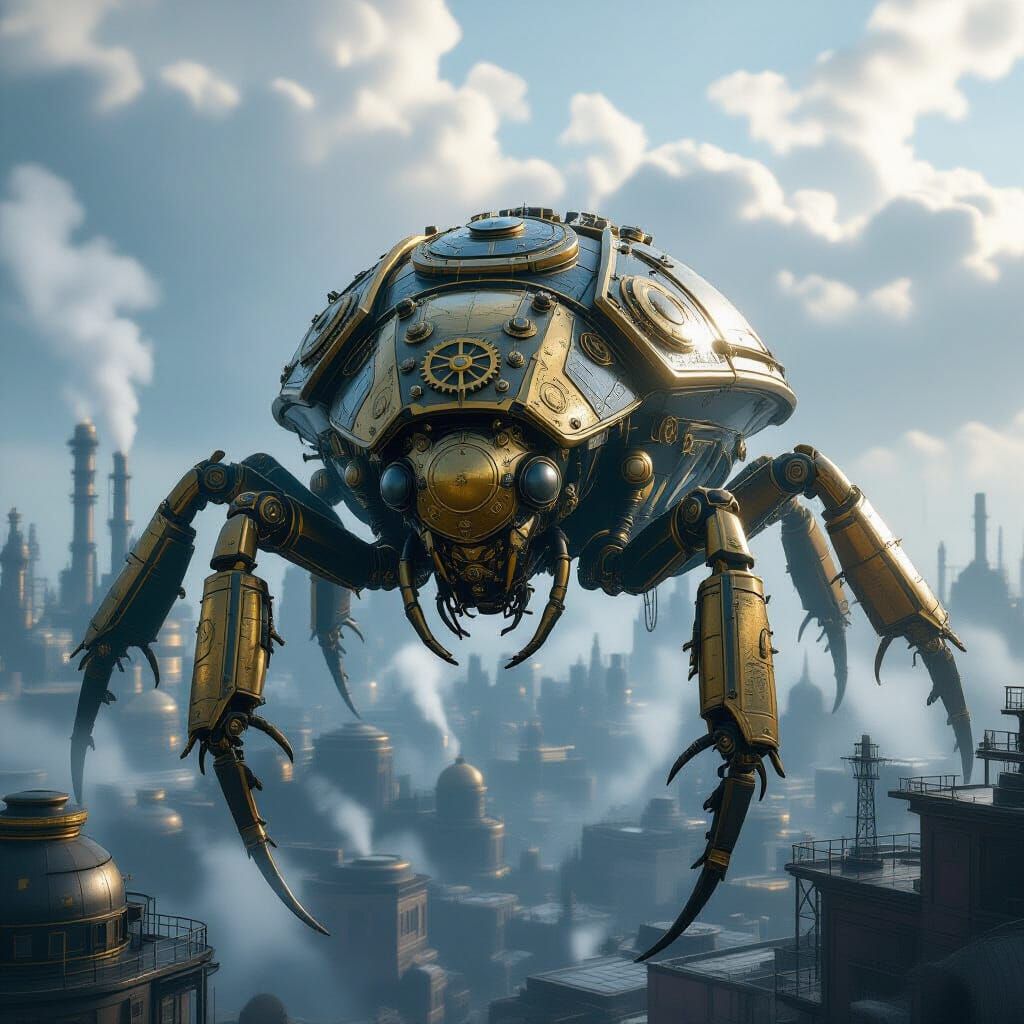 Steampunk Insect Over Industrial Cityscape