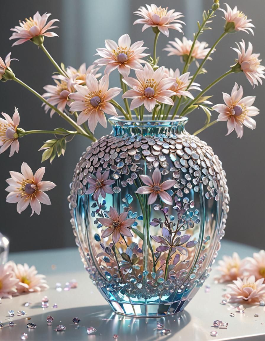 Iridescent Vase with Crystal Flowers in Anime Style