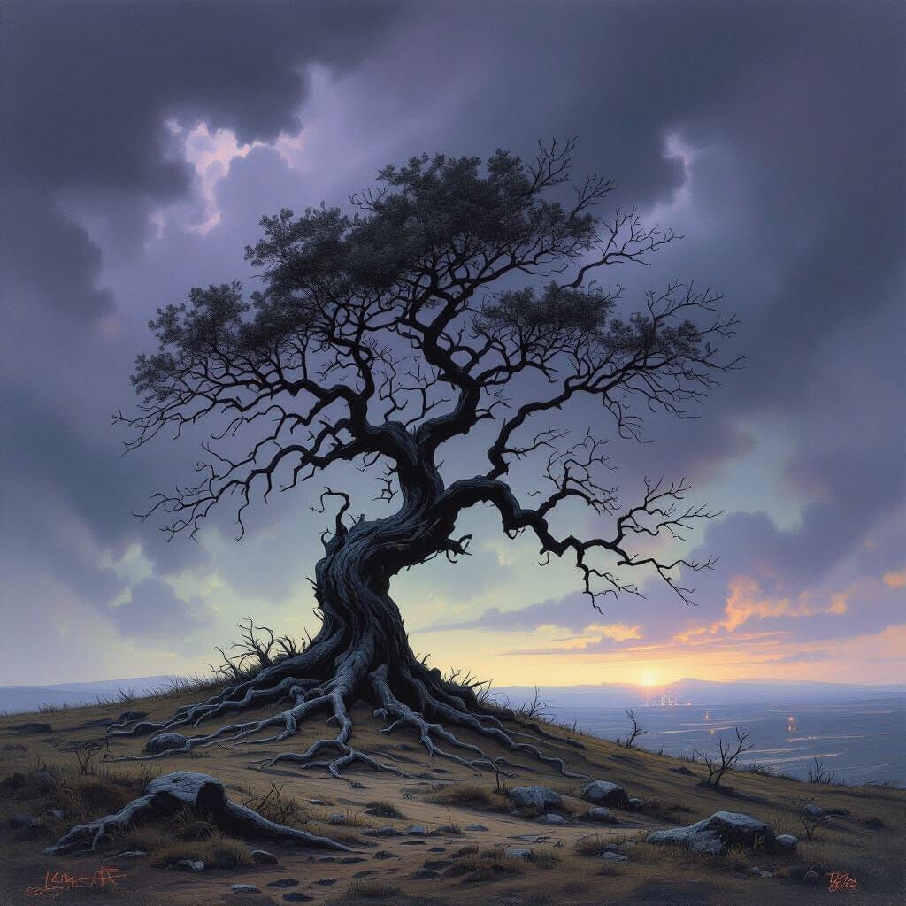 Ancient Tree on Barren Hill Under Stormy Sky