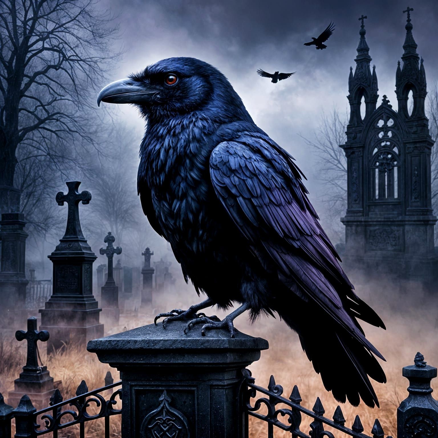 Iridescent Raven in Misty Graveyard Scene