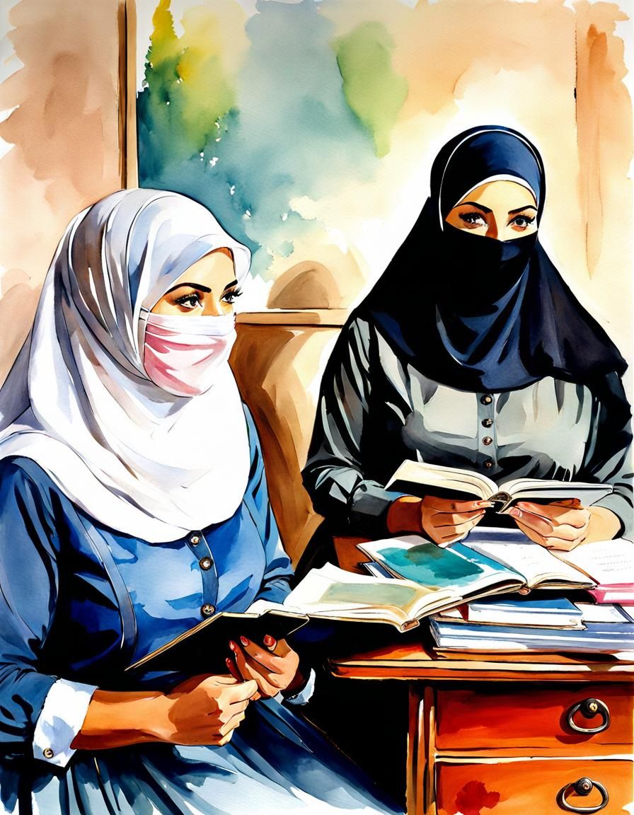 Two Teachers in Niqabs, Watercolor Portrait