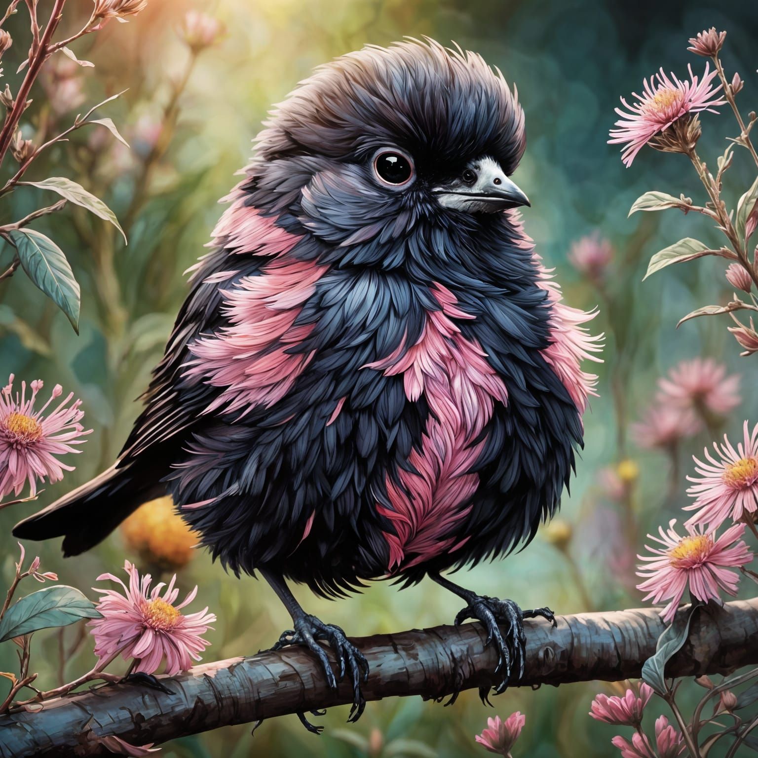 Cute Fluffy Metallic Bird in Garden at Sunset