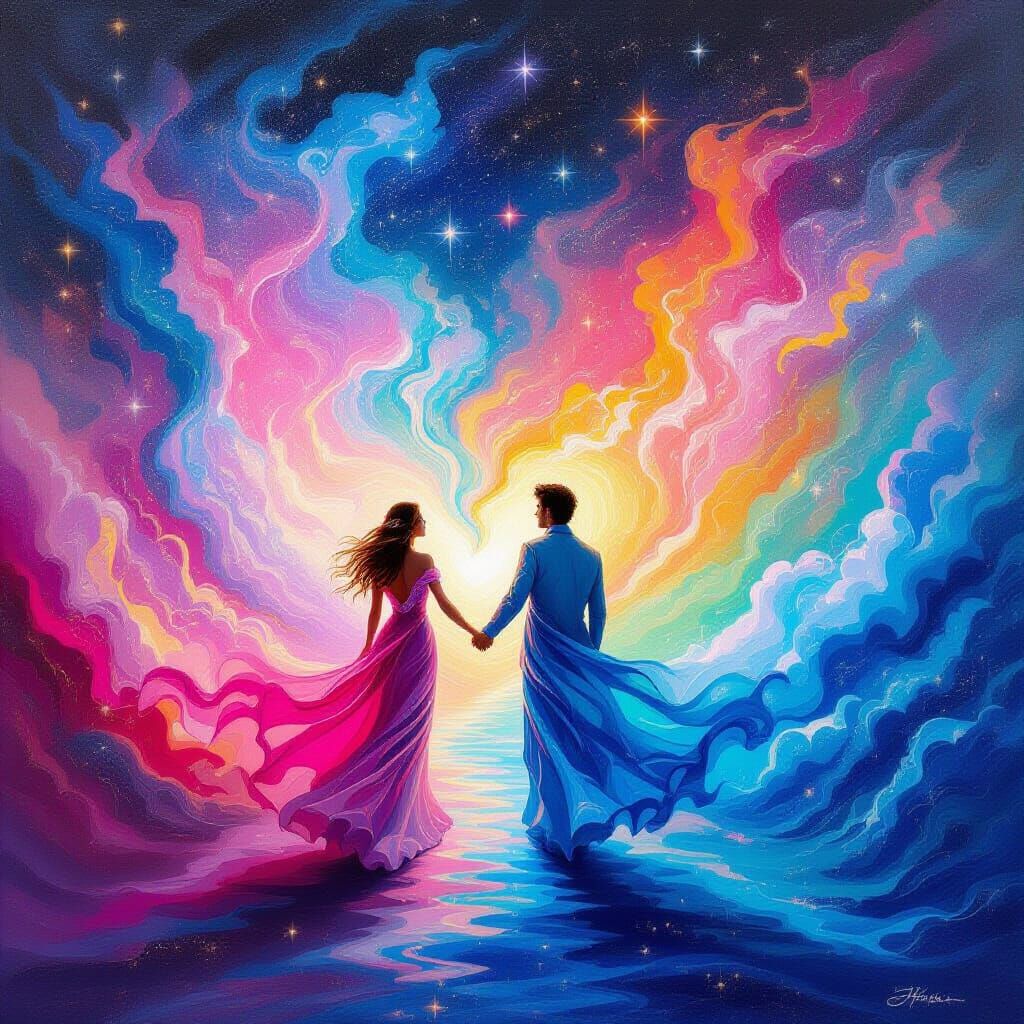 Cosmic Love: Celestial Energy Streams in Surreal Oil Paintin...