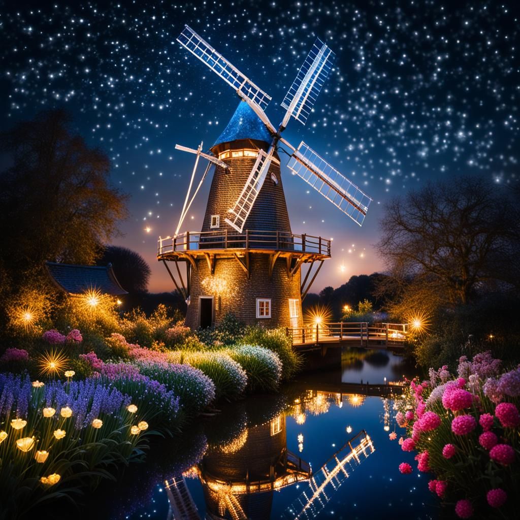 Enchanted Windmill Under a Starry Night Sky