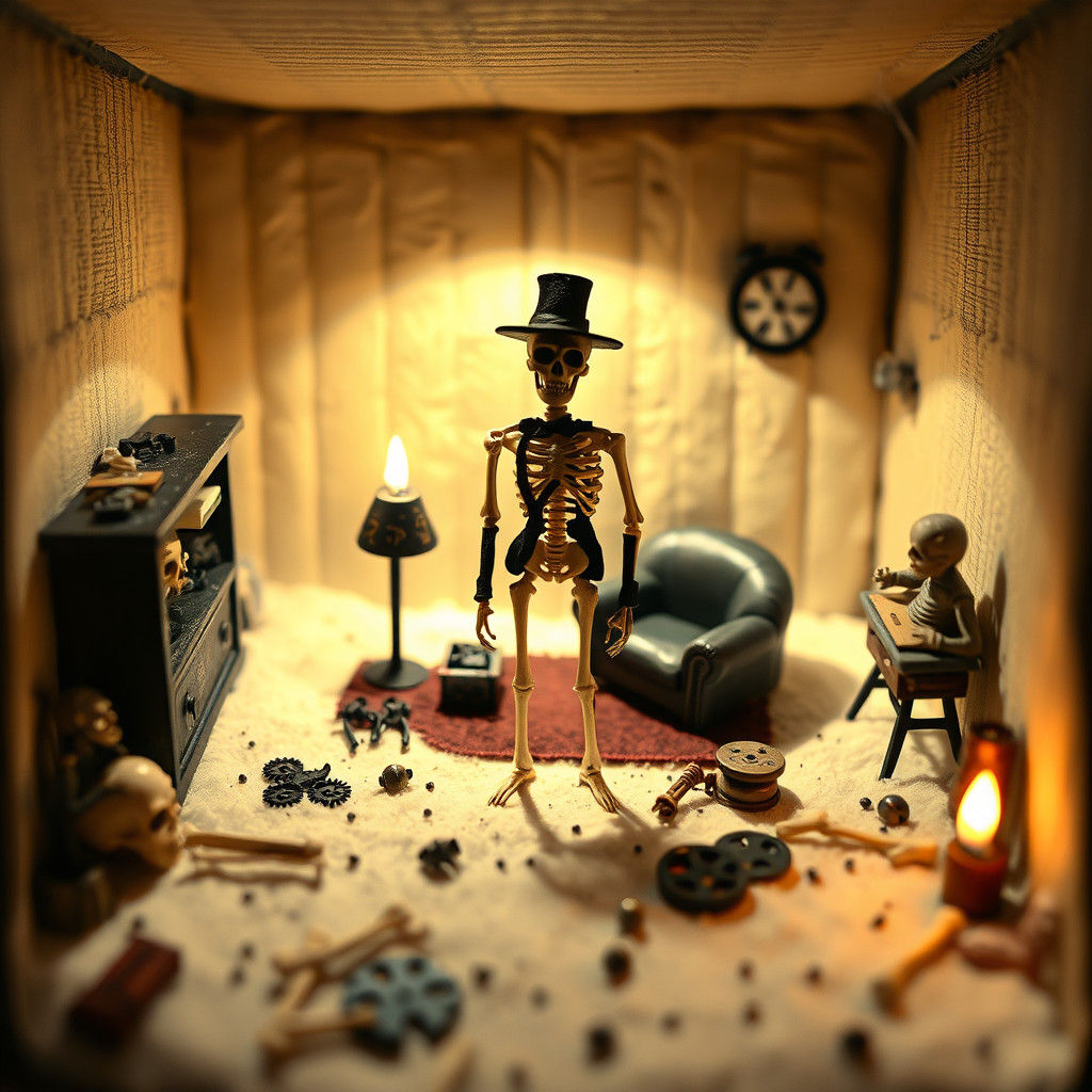 Miniature Skeleton Amidst Matchbox Architecture