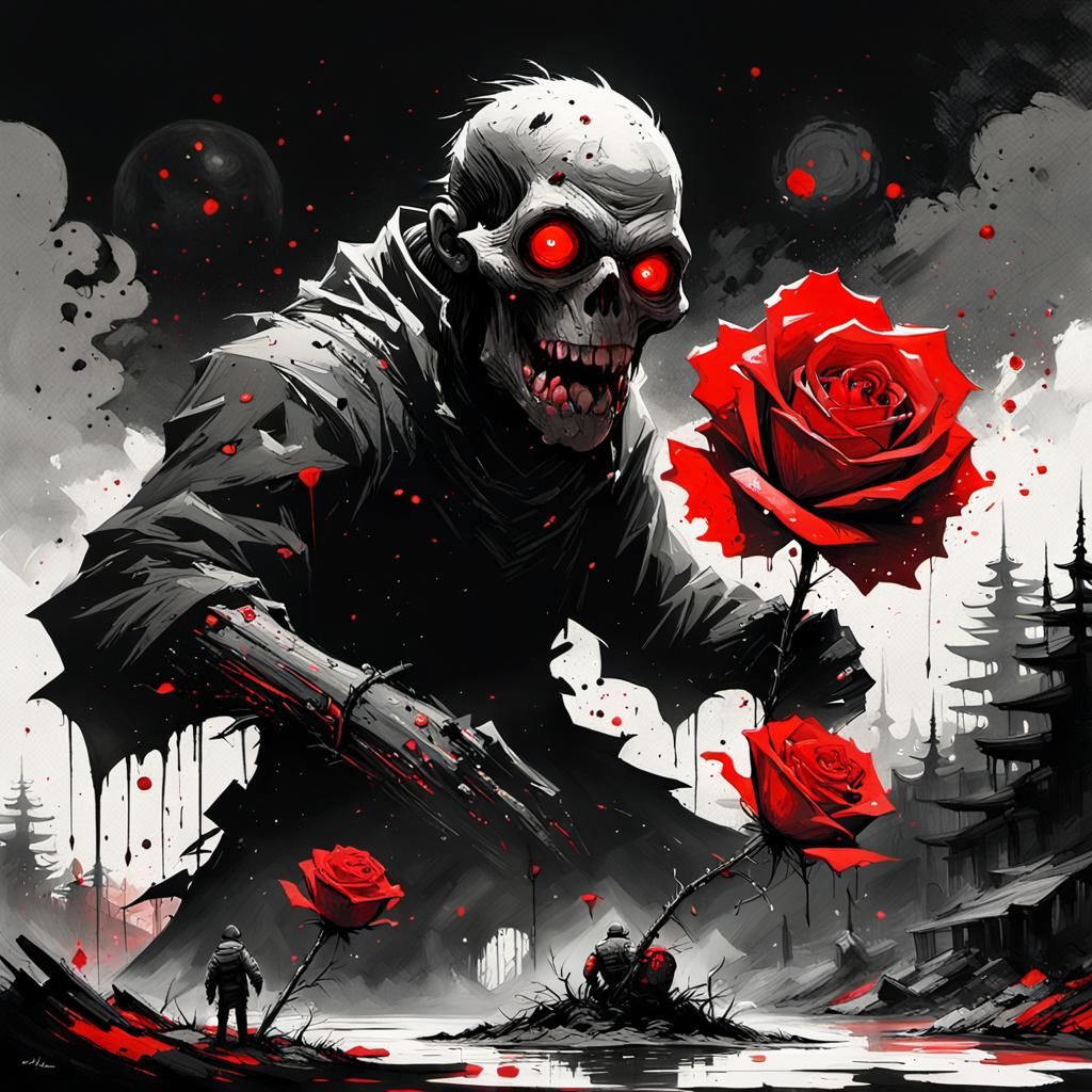 Red Rose and Ghostly Monster in Black and White