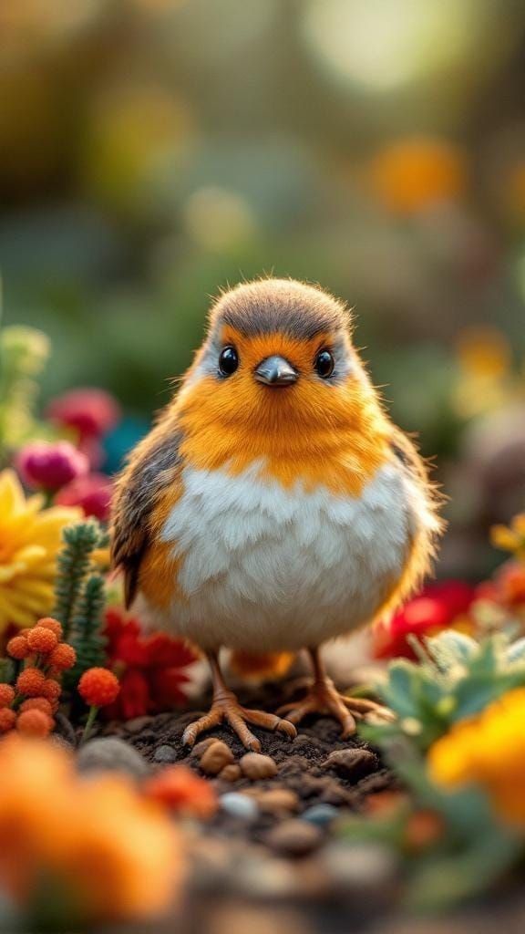 Whimsical Knitted Robin in Garden Scene