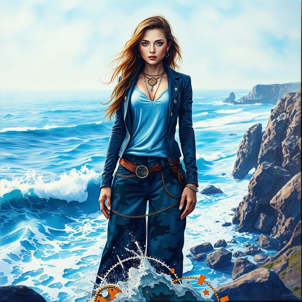 Confident Coastal Siren in Whimsical, Impressionist Style