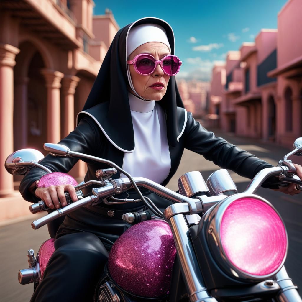Pink Sunglasses Nun Rides Motorcycle: Hypermaximalist Art