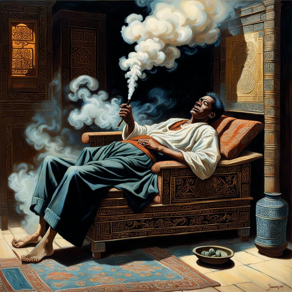 Teenager Smoking Opium Pipe: Oil Painting