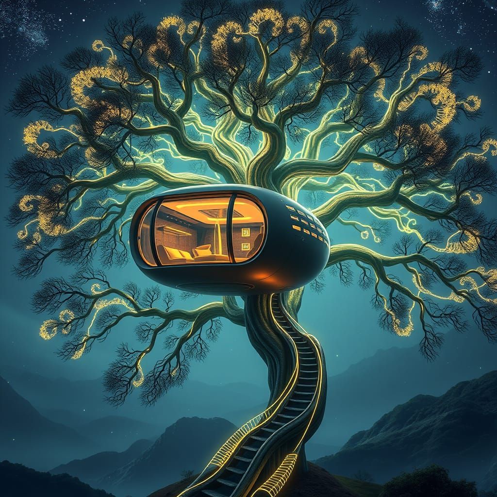 Futuristic Treehouse Pod Amidst Glowing Bioluminescent Tree