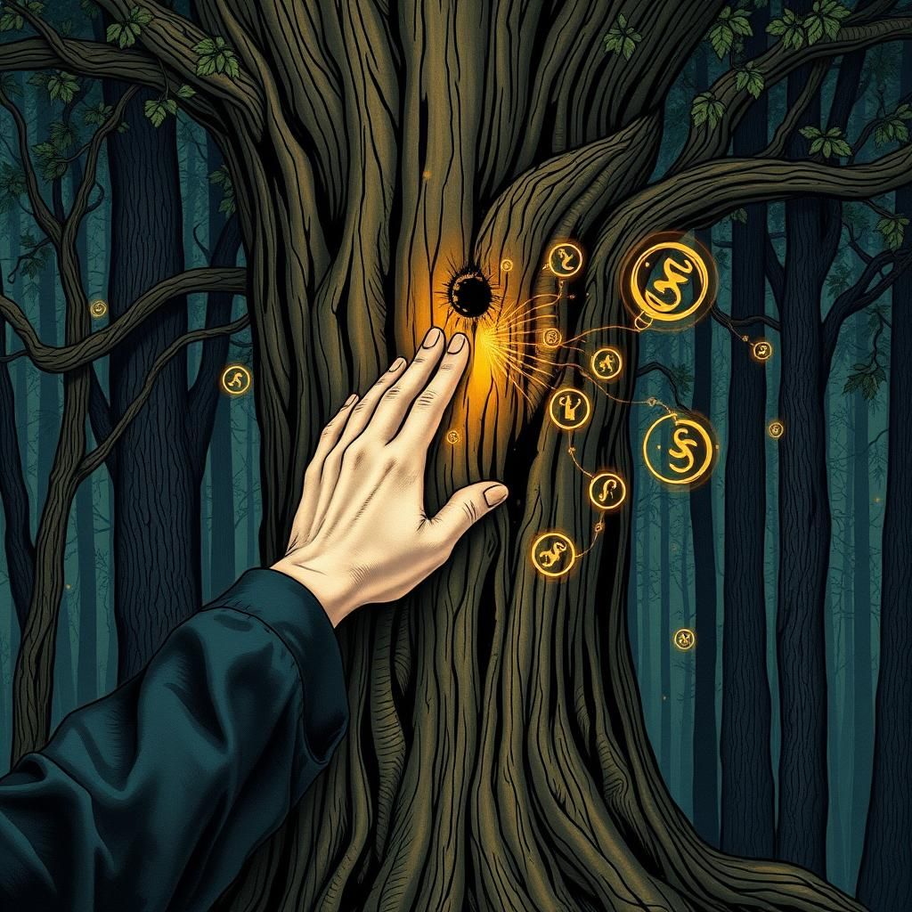 A person knocking on an ancient wooden tree in a magical for...