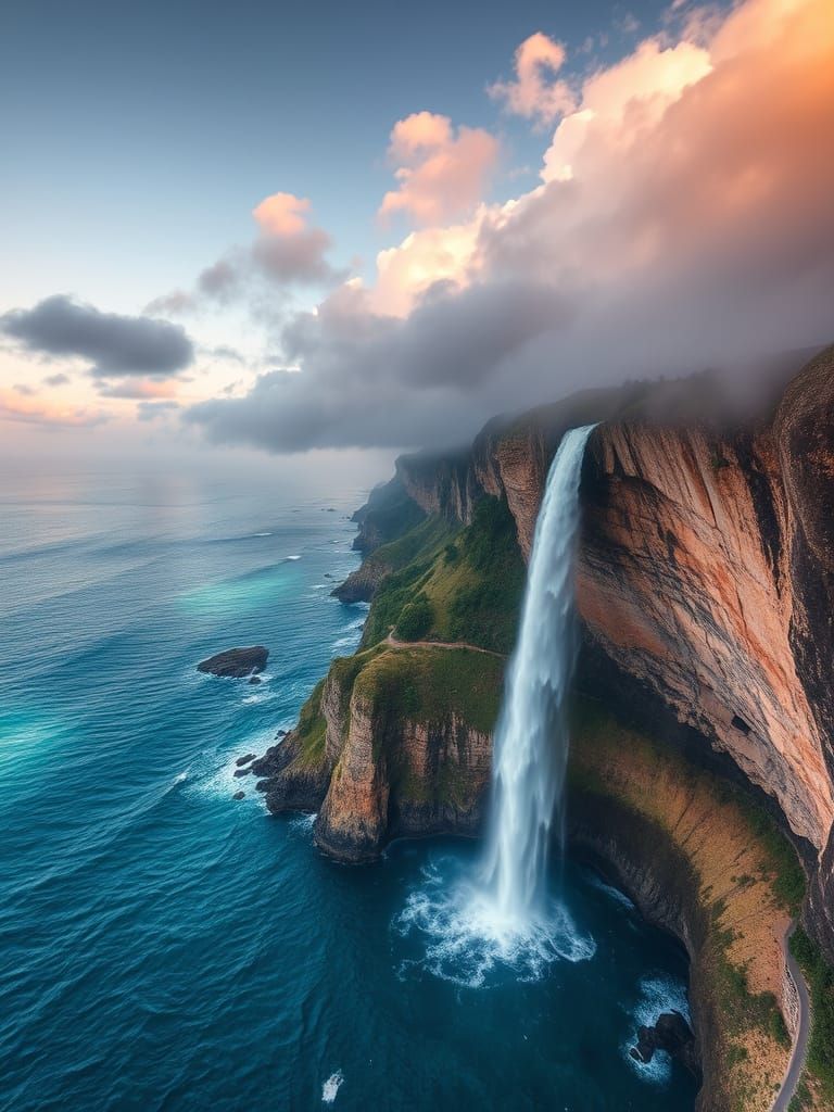 Aerial View of a Majestic Waterfall Cascading into the Ocean