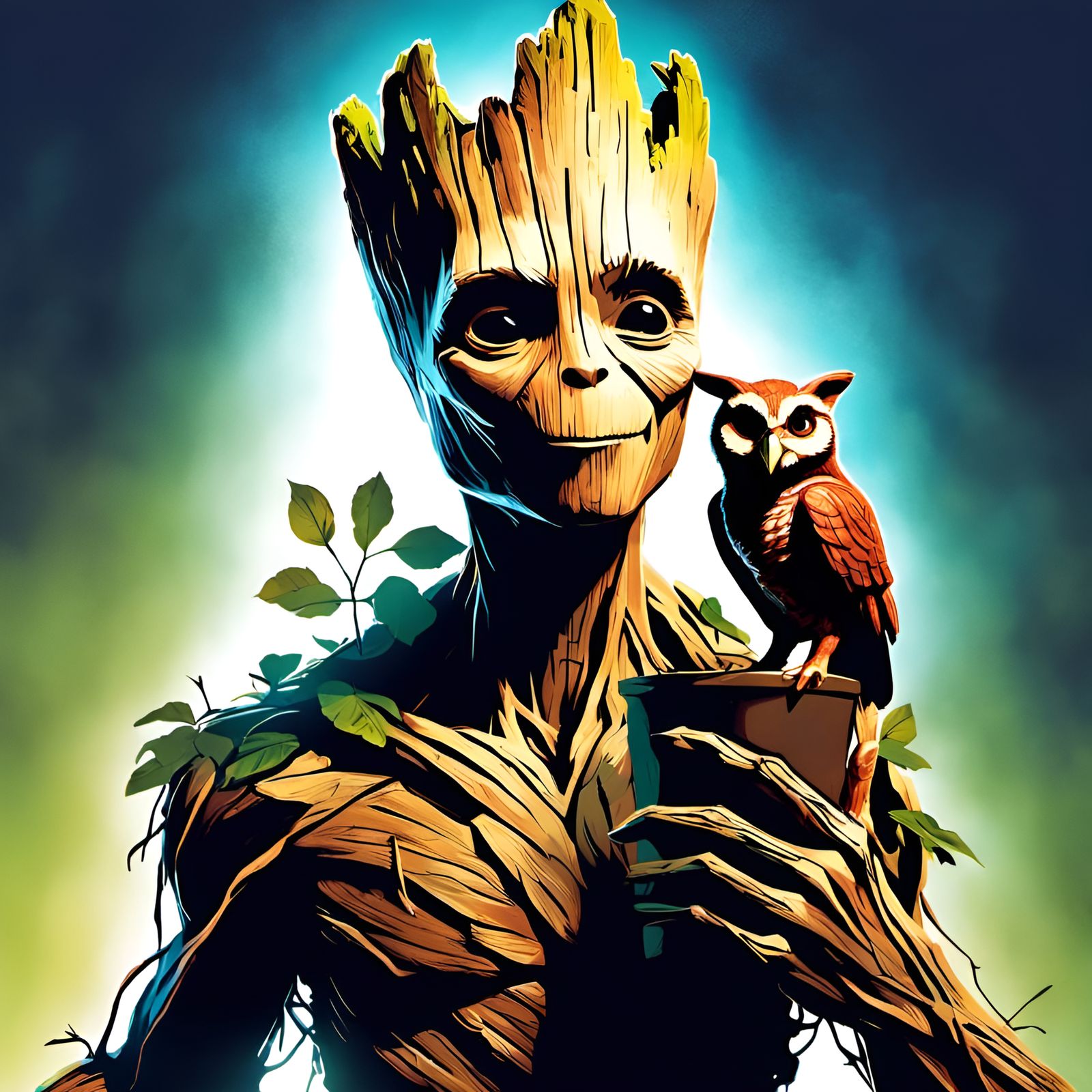 Groot and Owl Portrait in Hyperrealistic Style