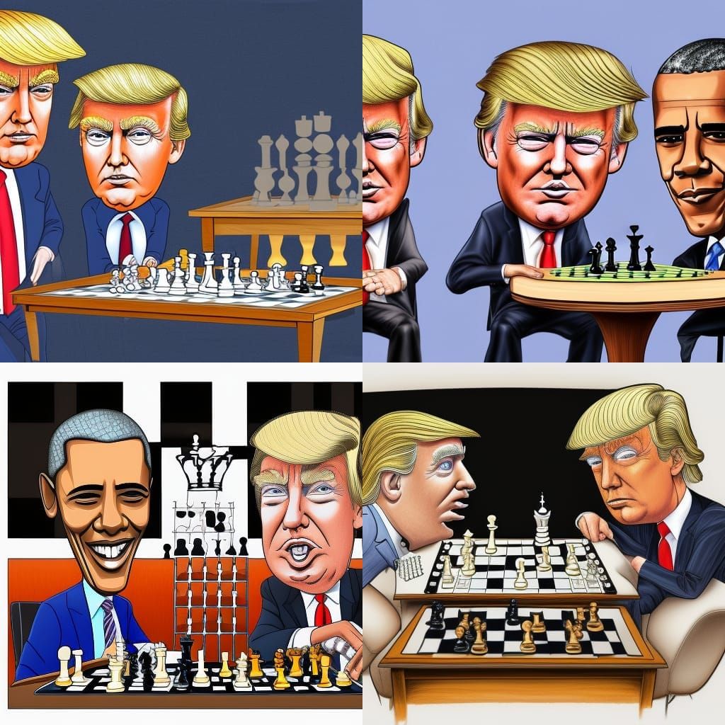Cartoon Caricature: Trump and Obama Play Chess