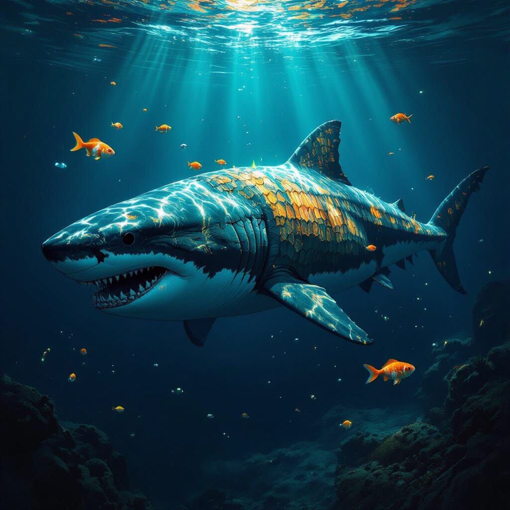Colossal Megalodon with Goldfish and Crocodile Scales