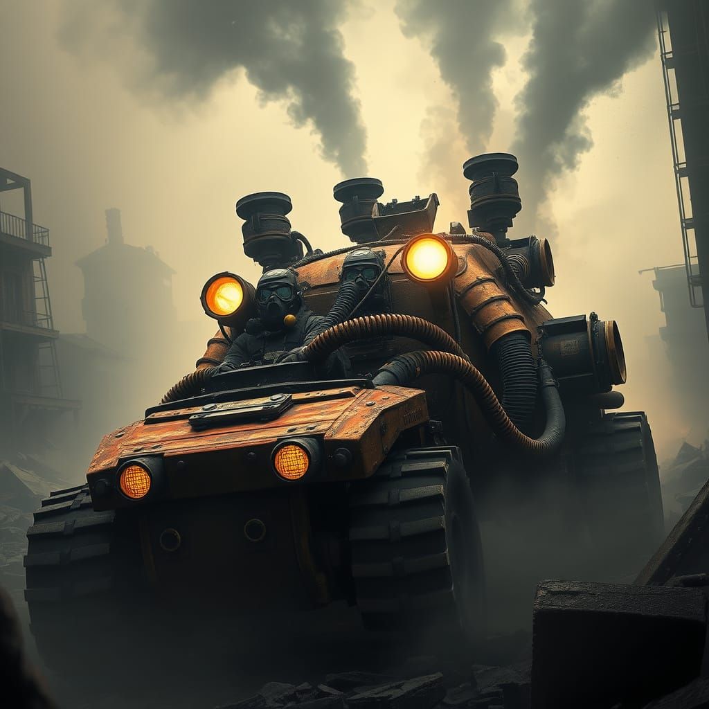 Survivor Navigates Ruins in Heavily Armored Vehicle