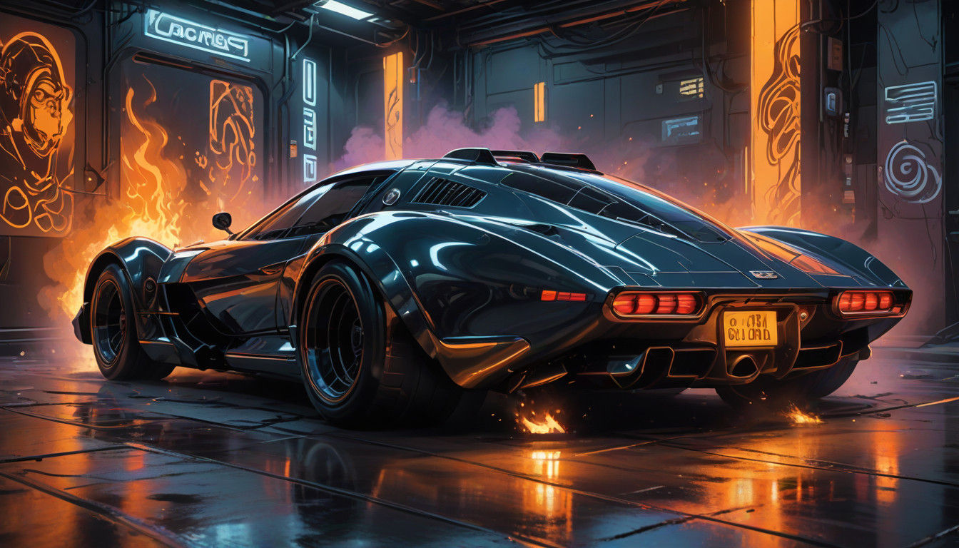 Futuristic Hotrod Car in Neon Street Art Scene