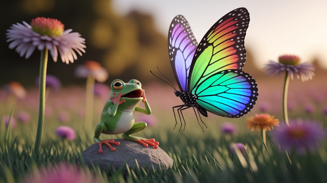 Frog's Astonishment at Giant Butterfly in Sunny Meadow