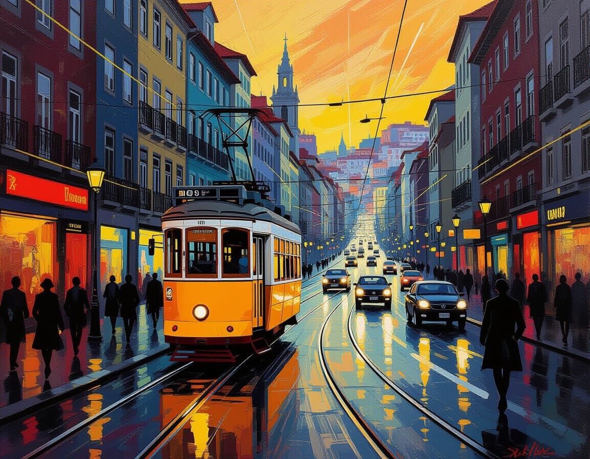 Futurist Cityscape with Lisbon Tram in Vibrant Colors