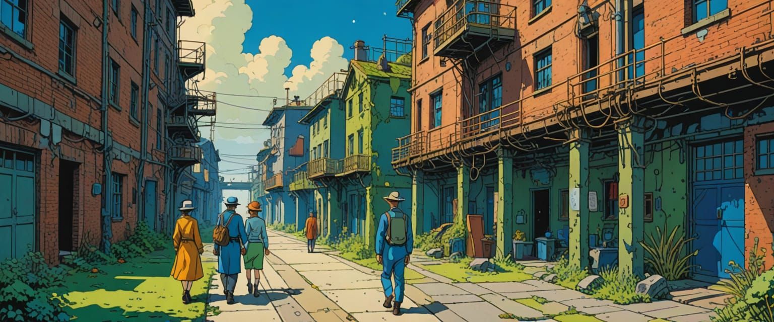 Couple Explore Abandoned Factory in Comic Book Style