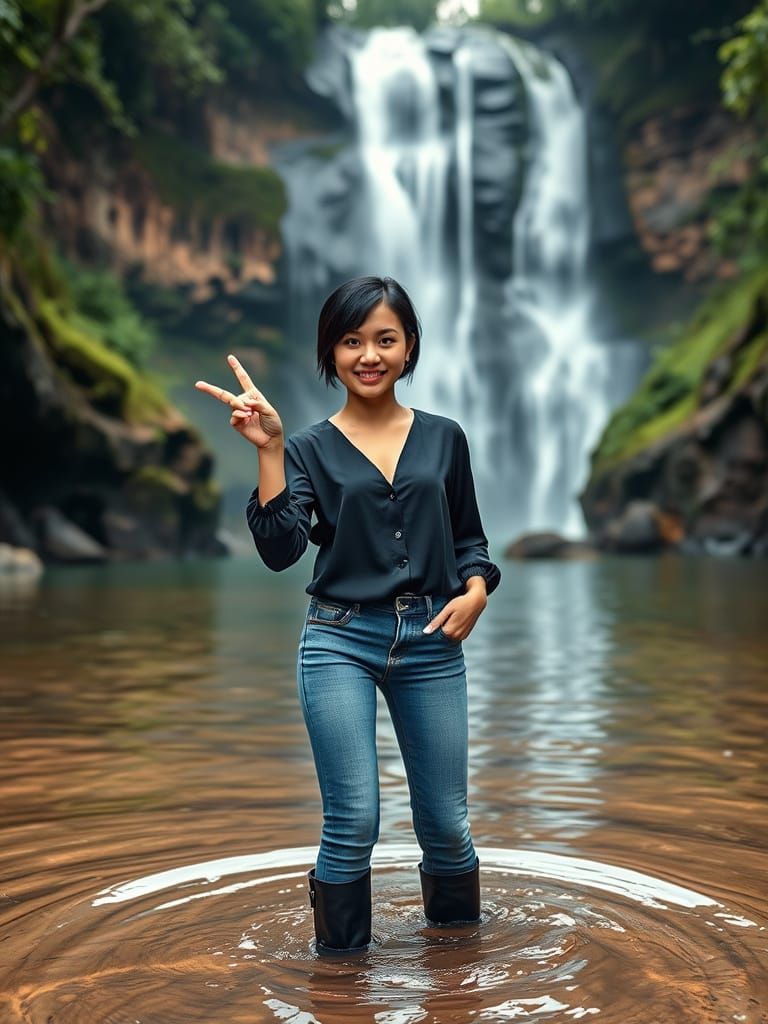 A Thai Woman Smiles at the Camera with the Falls in the Back...