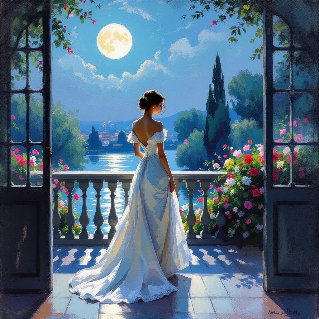 Woman in Elegant Gown on Balcony, Moonlit Garden