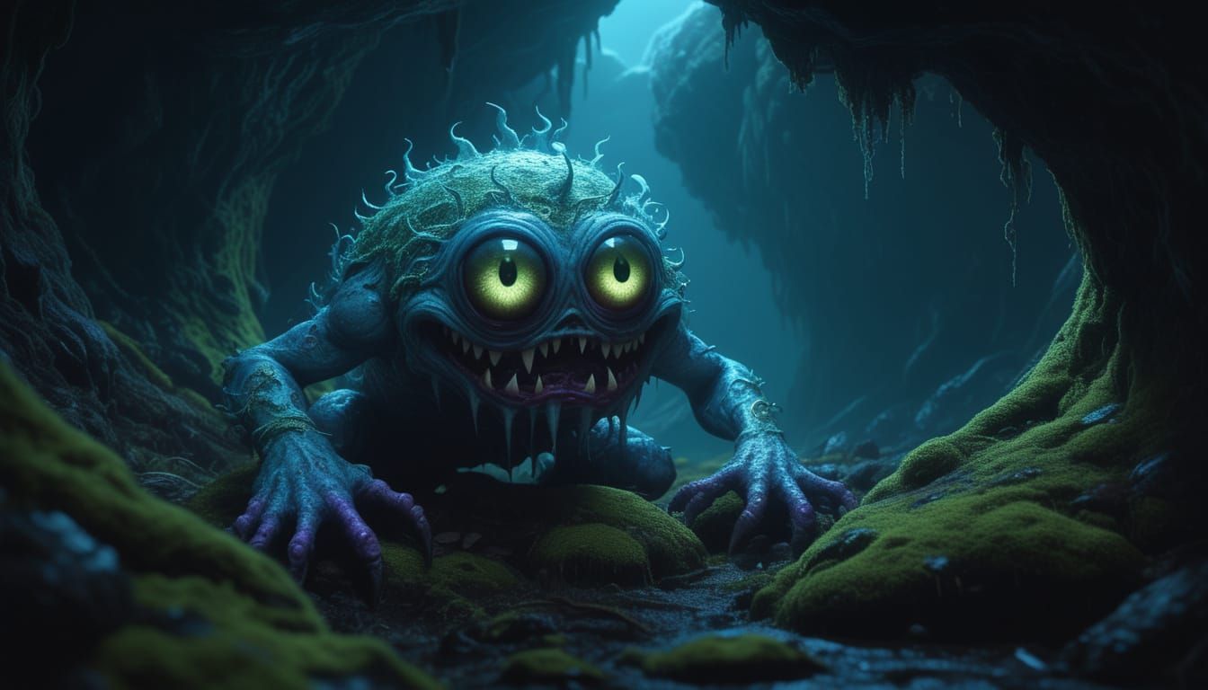 Surreal Cave Monster in Dark, Moody Fantasy Art