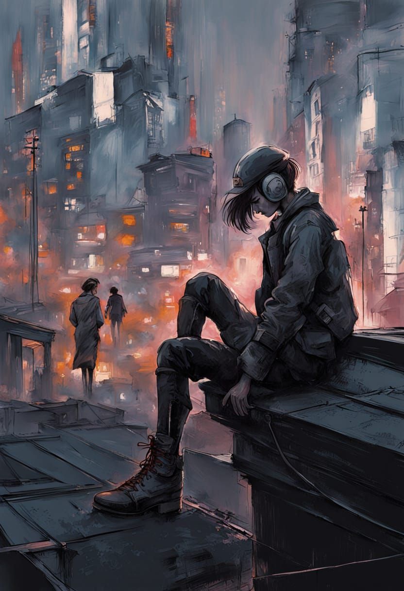 Cybernetic Hacker in Dystopian Cyberpunk Cityscape