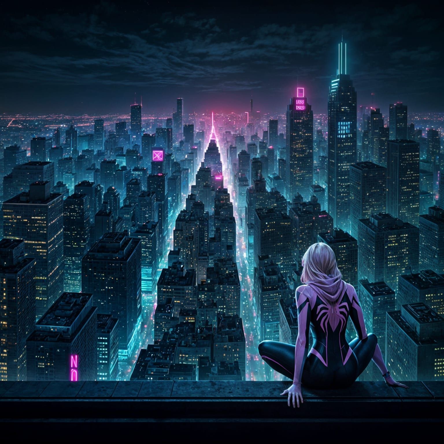 Spider-Gwen Gazing at Neon Cityscape