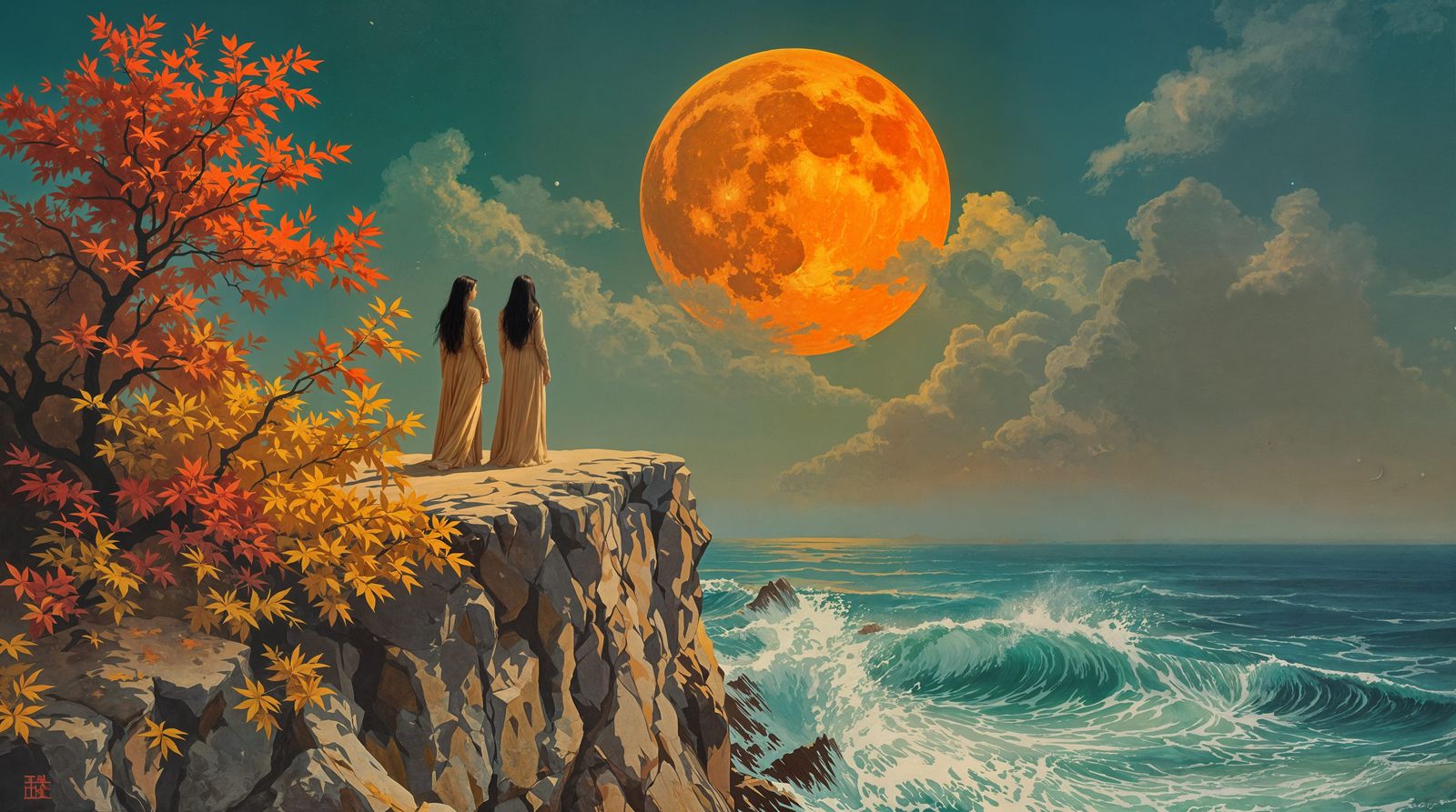 Surreal Autumn Landscape Under a Blood-Orange Moon