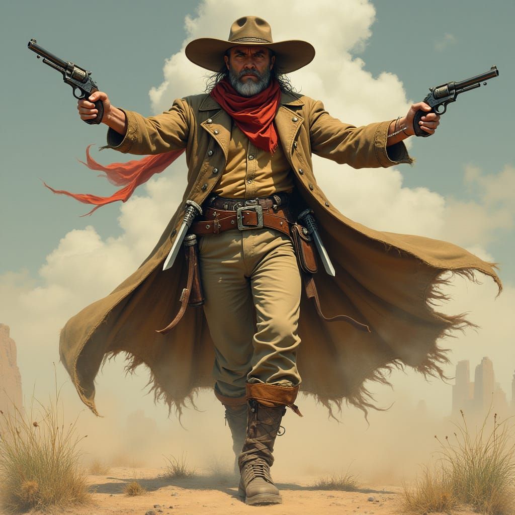 Cyberpunk Gunslinger Monk in Earth-Toned Regalia