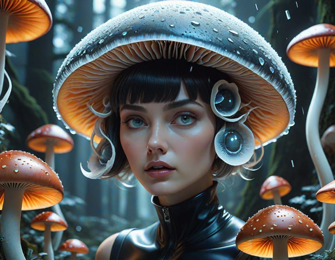 Surreal Encounter: Alien Meets Mushrooms in a Whimsical Worl...