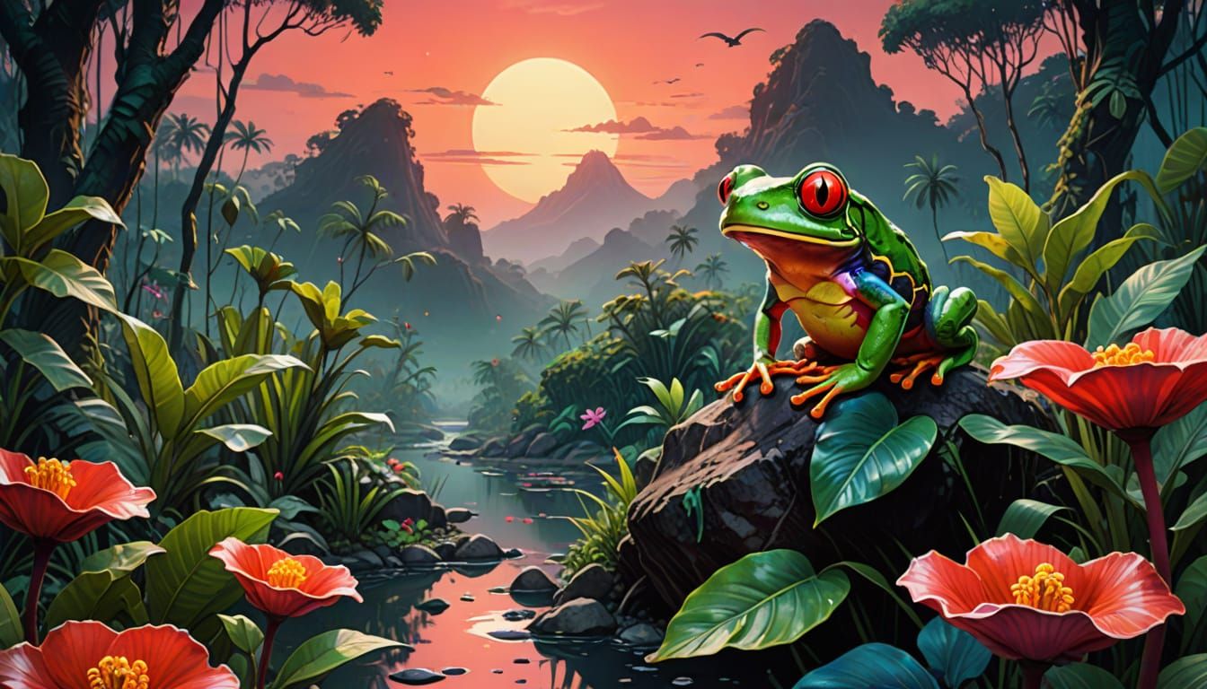 Mariachi Tree Frog in Jungle Watercolor