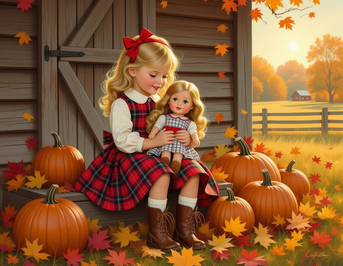 Autumn Girl with Doll, Whimsical Impressionist Style