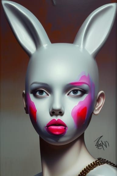 Girl in Bunny Mask with Dripping Paint, Street Art