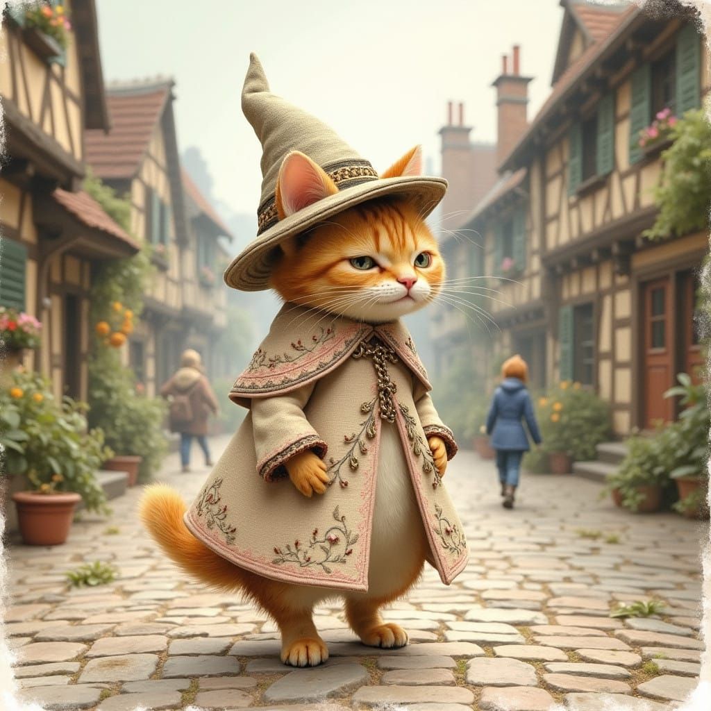 Whimsical Cat Strolls Village Street in Watercolor Style