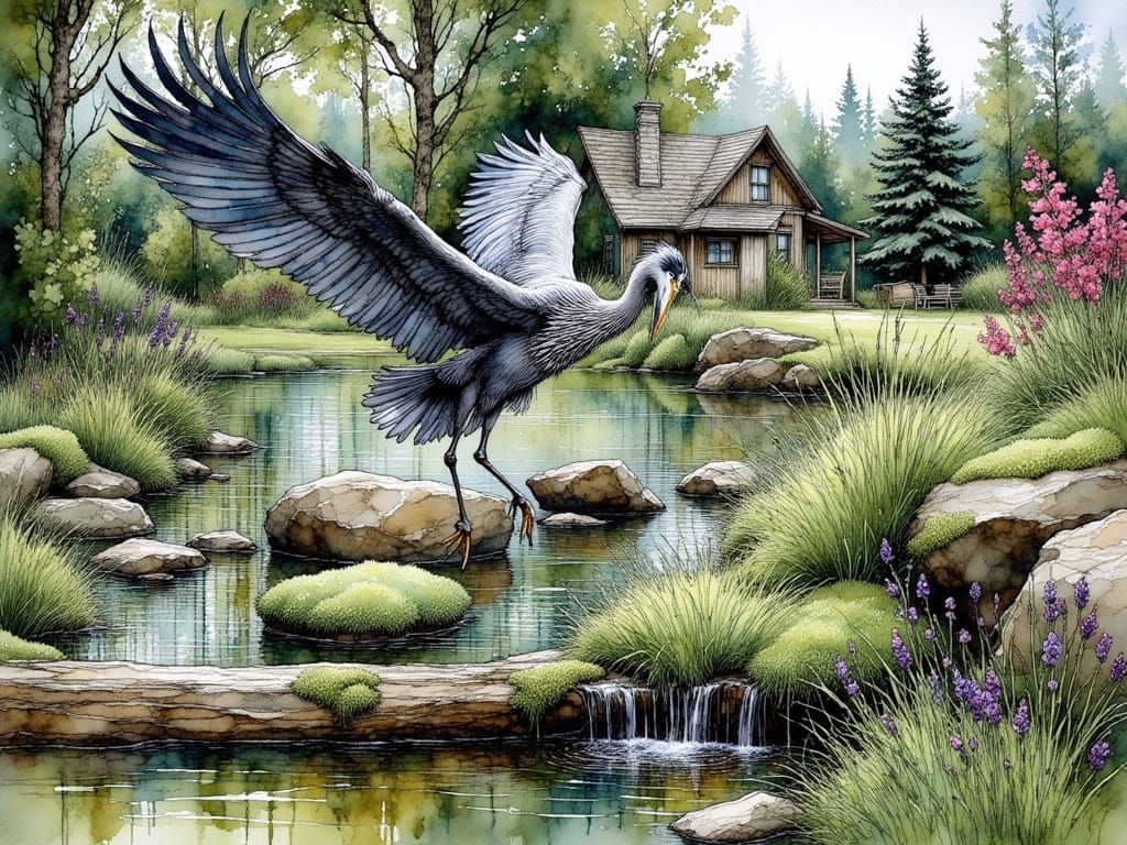 Majestic Heron in Flight, Watercolor Style