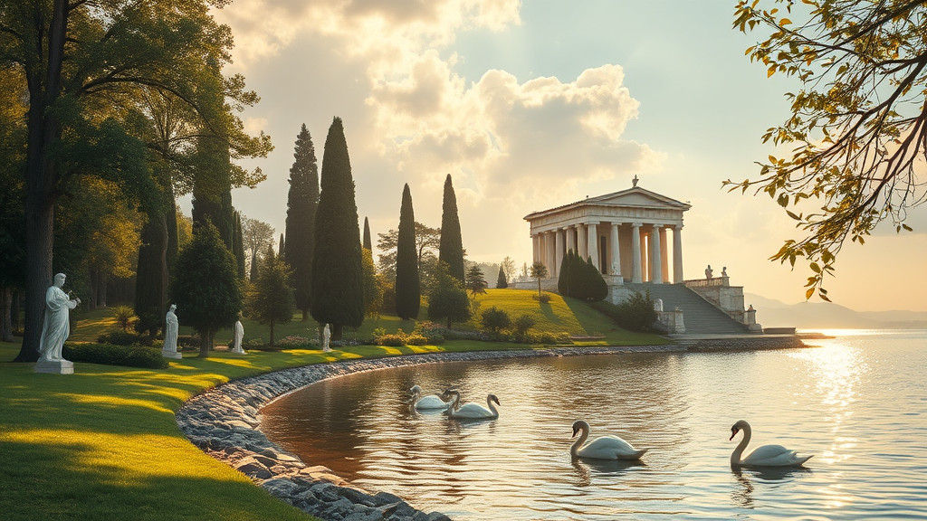 Coastal Park with Roman Temple in Dreamy Light