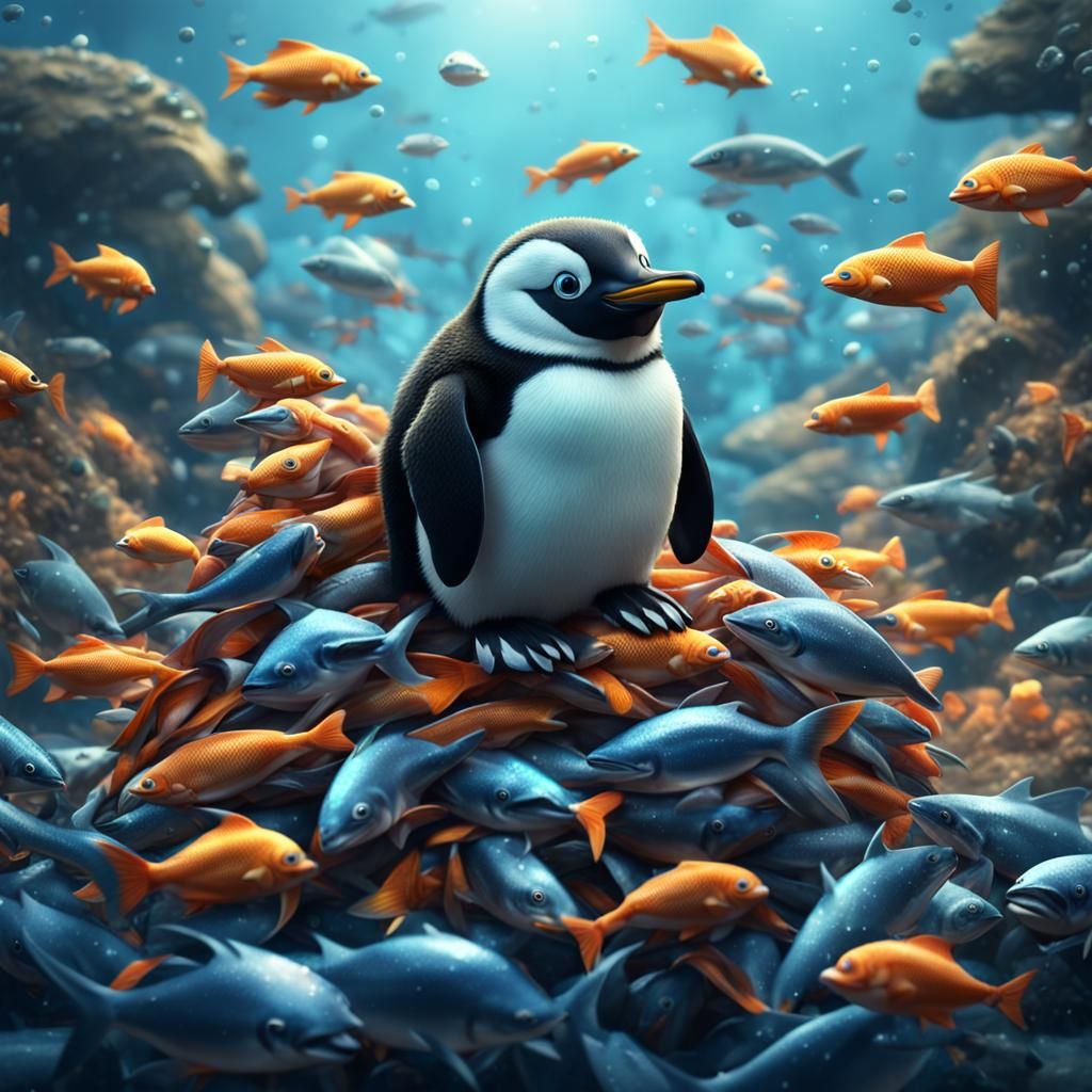 Cute Penguin in Fish Pile: Detailed Matte Painting