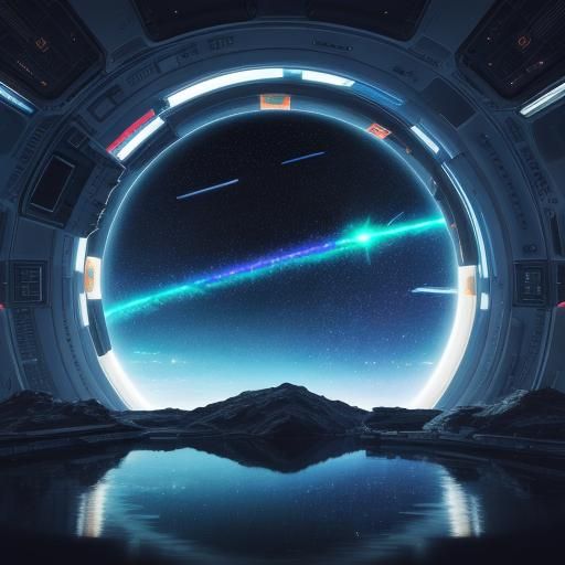 Manga Space Colony with Neon Lights and Spaceships