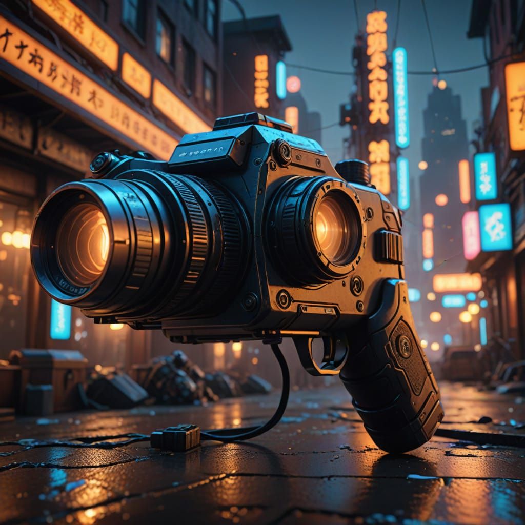 Hyperrealistic Steampunk Pistols in Dystopian Cityscape