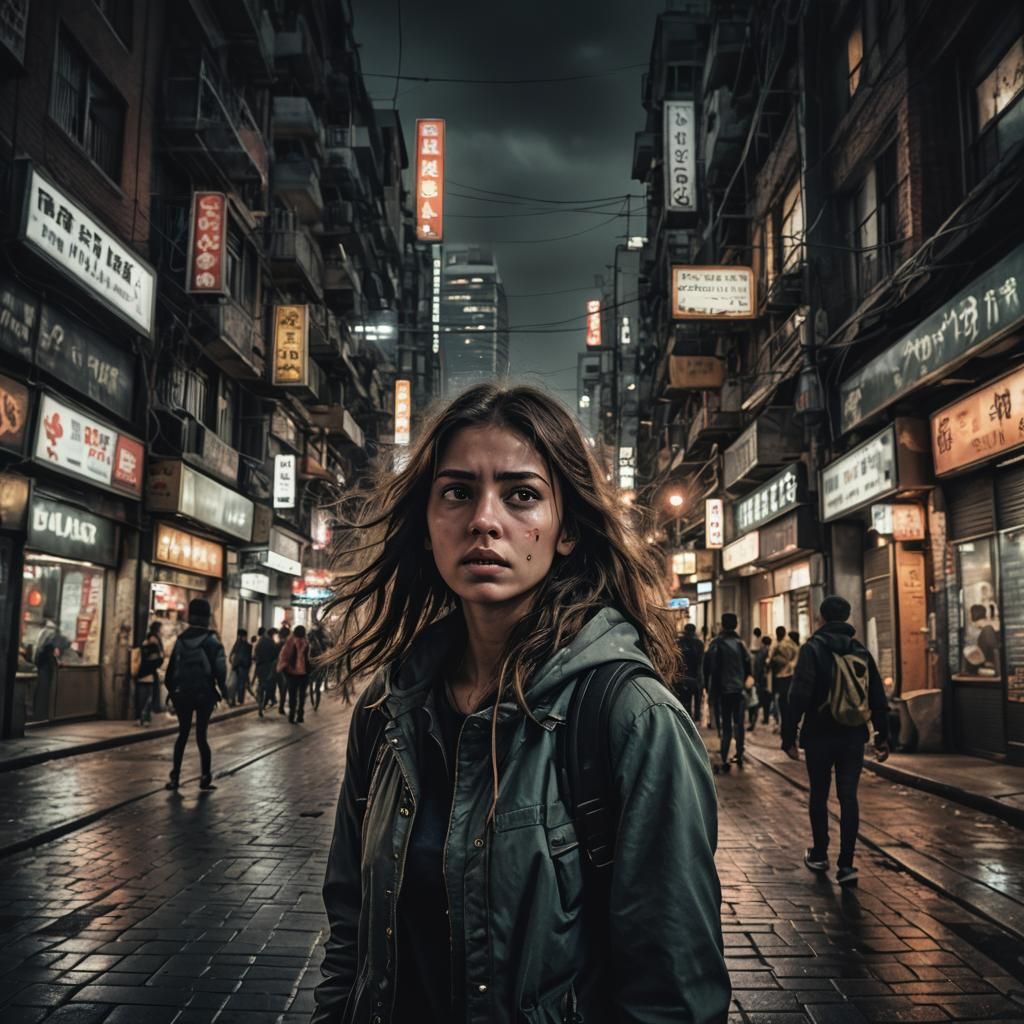 Scared Girl in Dark City: Hyperrealistic Image