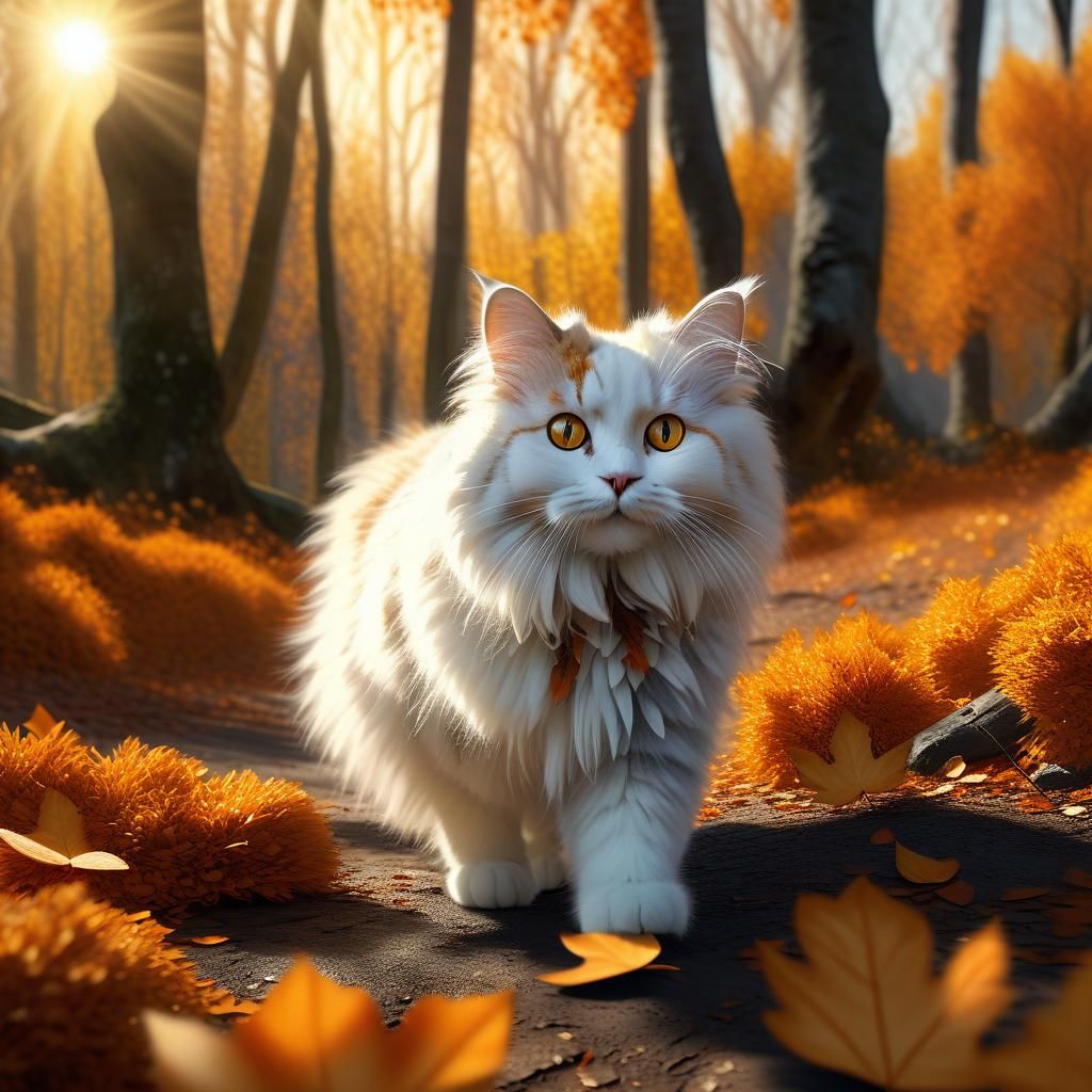 Angora Cat in Autumn Forest: Digital Matte Painting